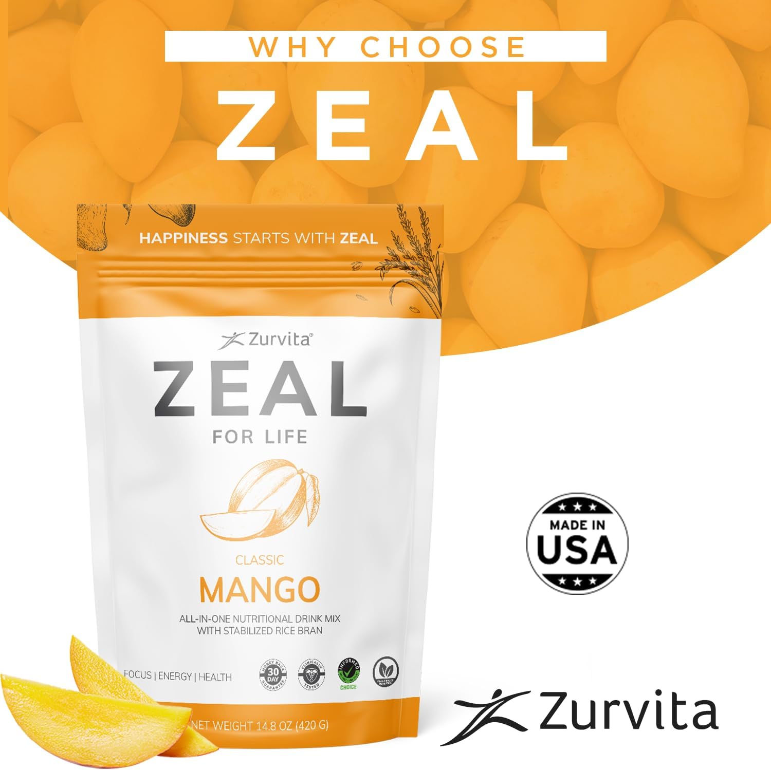 Zurvita Zeal for Life Wellness Drink Mix - Mango Flavour - Gluten-Free, Vegan, with Biotin, Vitamins B12, C, D, E, Iron, Magnesium - 30 Servings (420 g) - görsel 6