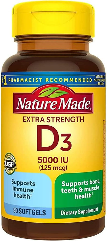 Nature Made Extra Strength Vitamin D3 5000 IU (125 mcg), Food Supplement for Immune Support, 90 Softgels, 90 Day Supply
