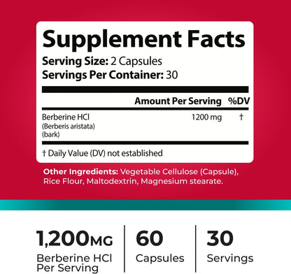 Berberine Supplement 1200mg – Organic Berberine for Metabolic & Heart Health Support – High Absorbency Pure Berberine HCl Formula – 60 Capsules