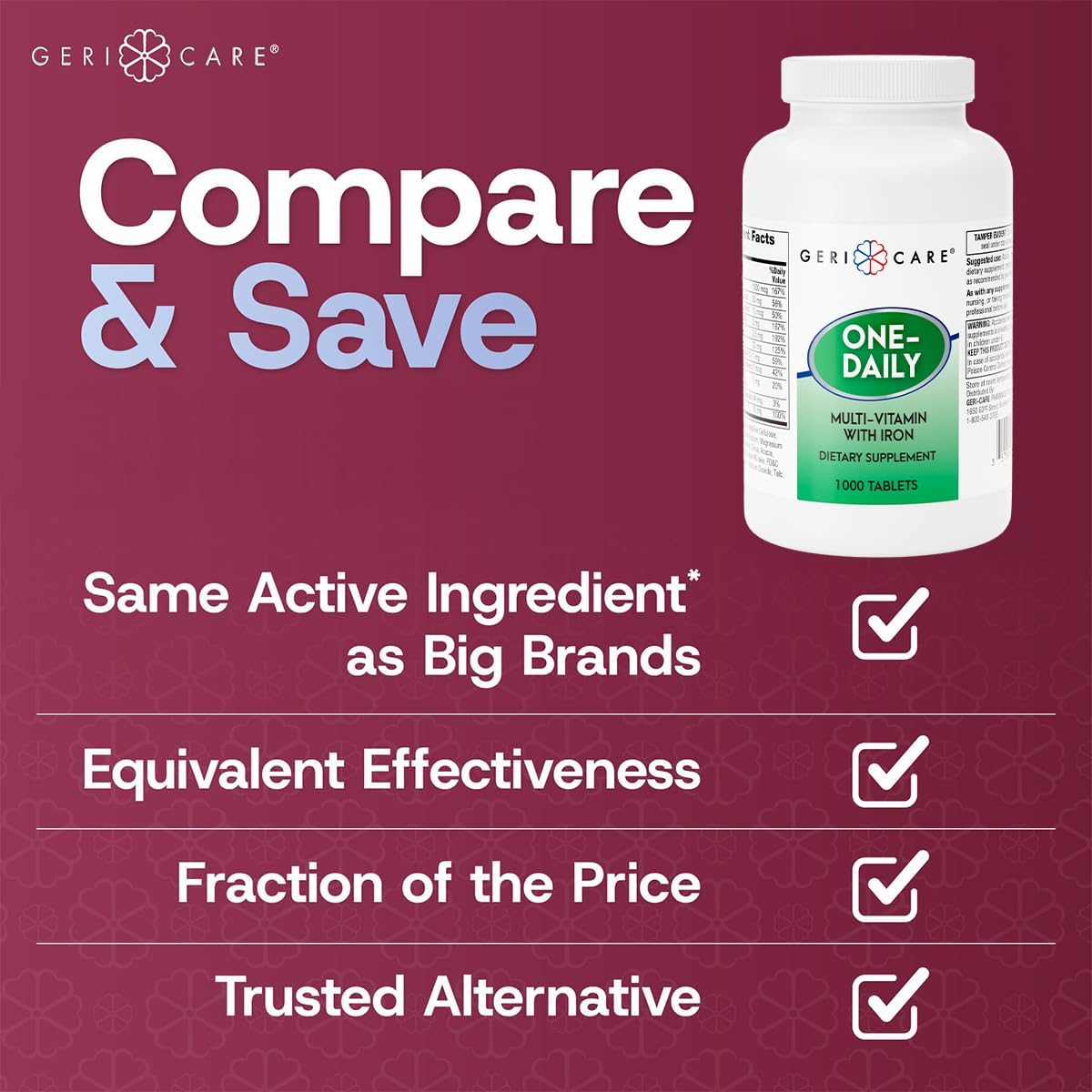 GeriCare One-Daily Multivitamin with Iron, Complete Daily Nutritional Supplement, 1000 Tablets - görsel 4