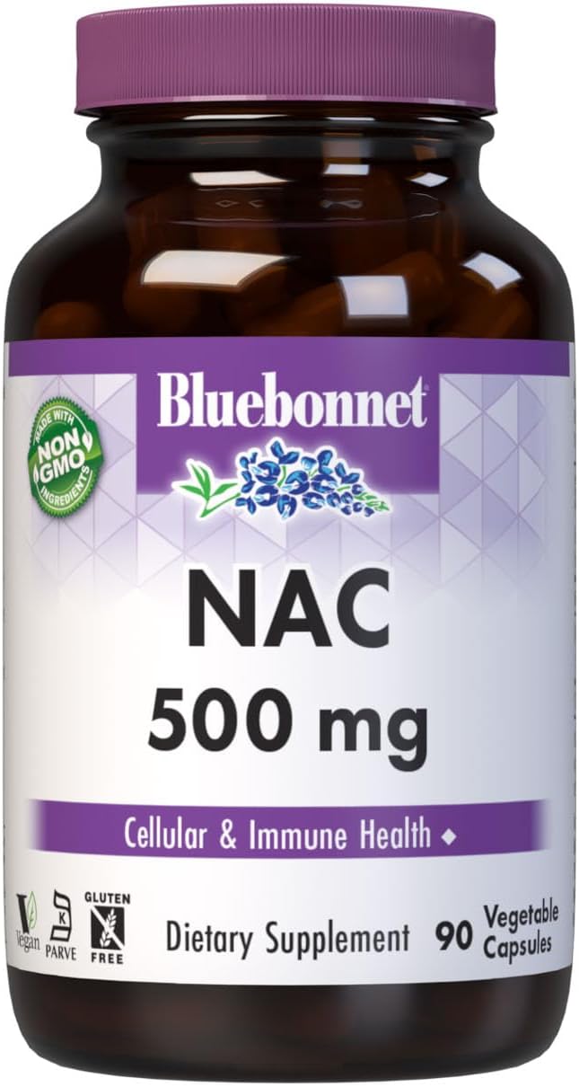 Bluebonnet NAC Supplement N-Acetyl-L-Cysteine 500 mg - Antioxidant Cellular Health & Immune Support - Free-Form Amino Acid - Non-GMO, Kosher, Gluten-Free - 90 Vegetable Capsules - görsel 1
