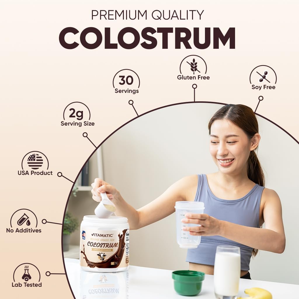 Vitamatic Bovine Colostrum Powder – Gut Health, Hair Growth, Beauty, Muscle Recovery & Immune Support – Chocolate Flavour – 81g (30 Servings) - görsel 5