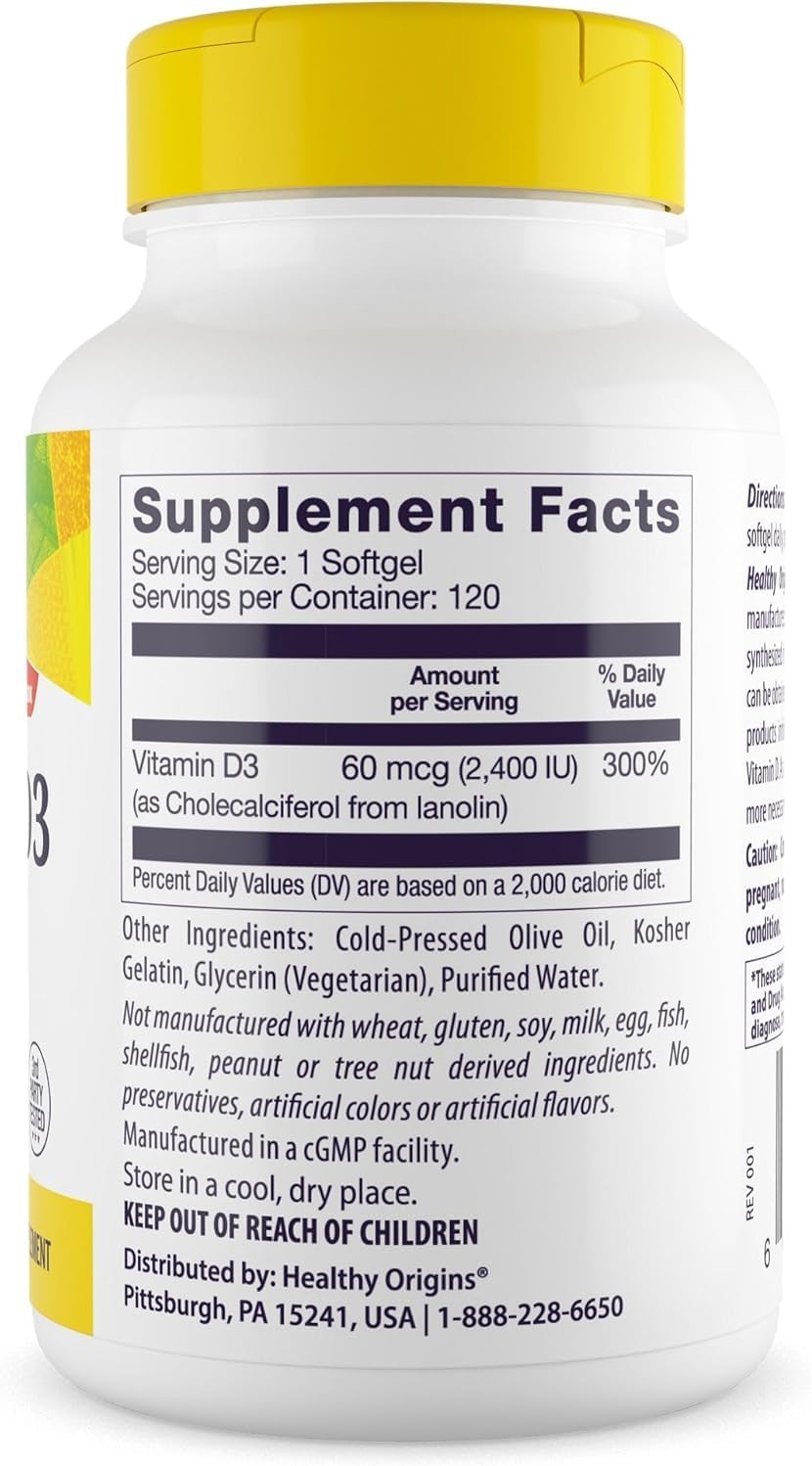 Healthy Origins Vitamin D3 2,400 IU Liquid Soft Gels, 120 Count - görsel 2