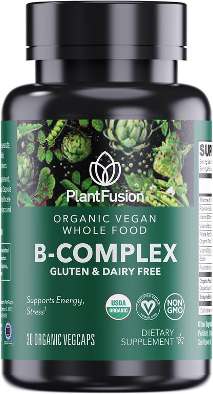 PlantFusion Organic Vitamin B-Complex, Vegan Whole Food Supplement for Energy & Metabolism, Methylated B12, Guava, Lemon & Basil, Non-GM, Gluten-free – 30 Capsules