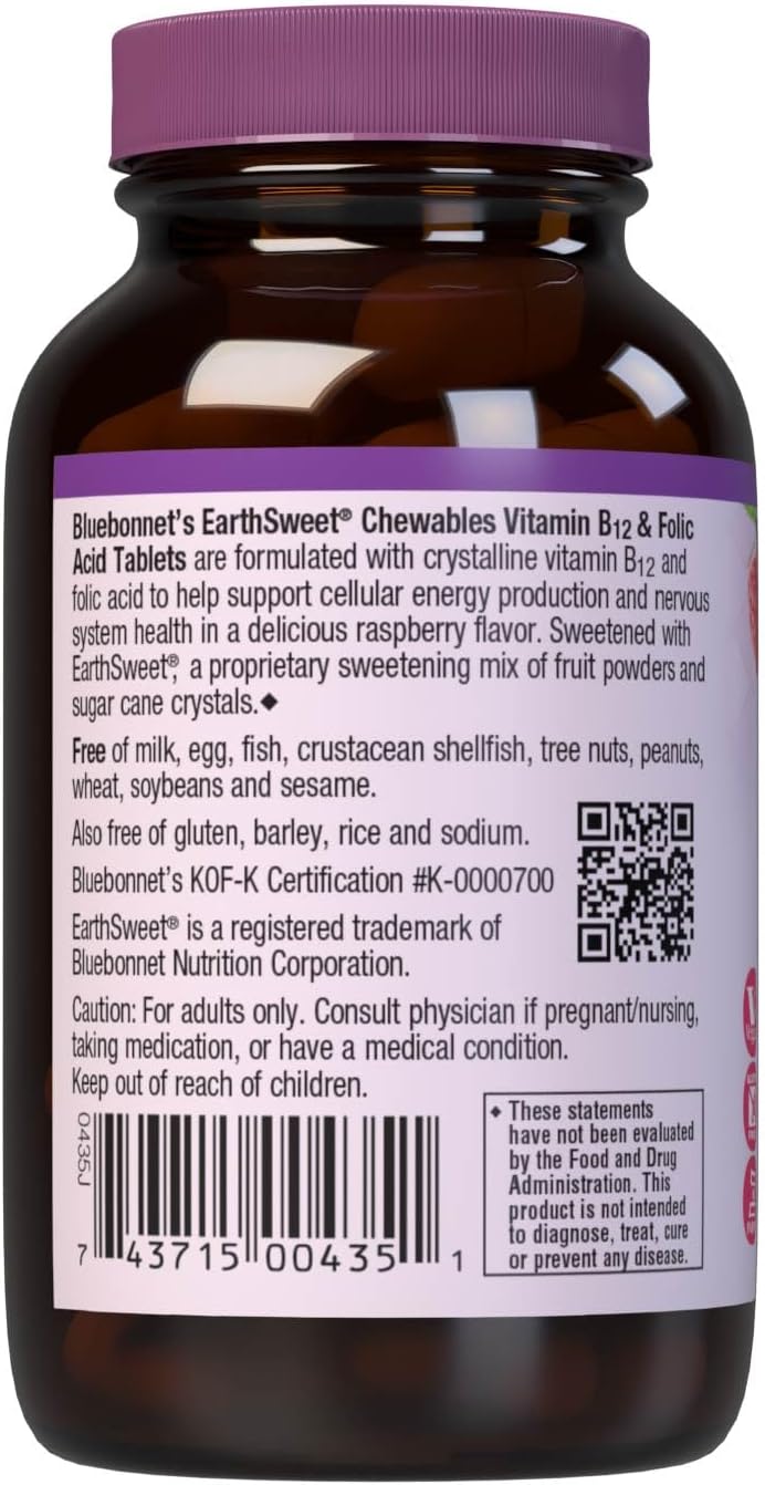 BlueBonnet Nutrition Earth Sweet Vitamin B12 1000mcg & Folic Acid 400mcg – Vegan, Gluten-Free Raspberry Chewable Tablets – 180 Count - görsel 7