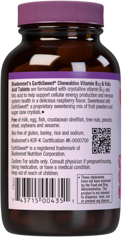 BlueBonnet Nutrition Earth Sweet Vitamin B12 1000mcg & Folic Acid 400mcg – Vegan, Gluten-Free Raspberry Chewable Tablets – 180 Count