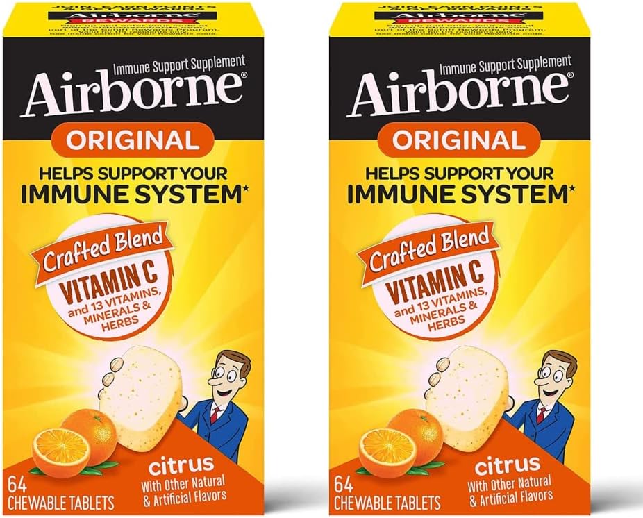 Airborne Vitamin C 1000mg Citrus Chewable Tablets (64 tablets per pack, 2-Pack) – Gluten-Free Immune Support - görsel 1