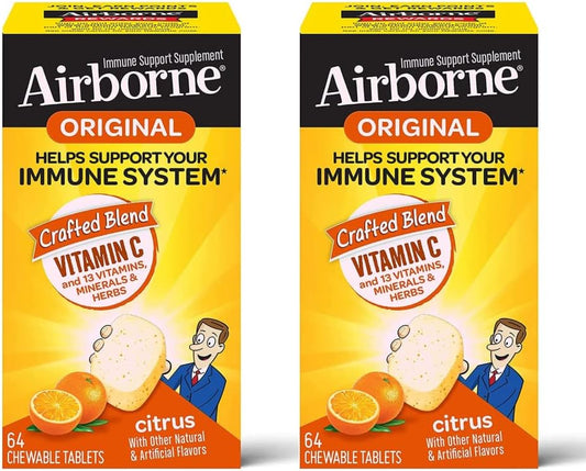 Airborne Vitamin C 1000mg Citrus Chewable Tablets (64 tablets per pack, 2-Pack) – Gluten-Free Immune Support