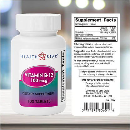 GeriCare Vitamin B12 100mcg Tablets, 100 Count