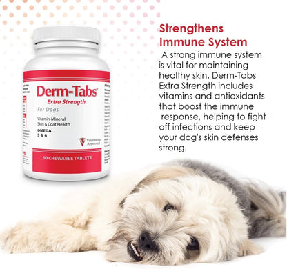 Derm-Tabs Extra Strength Skin & Coat Supplement for Dogs – Omega-3 & 6, Vitamins, Minerals & Antioxidants – 60 Chewable Tablets