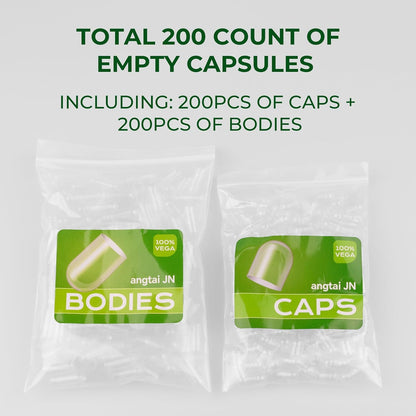 Angtai JN Vegan Size 0 Separated Capsules – Empty Pill Capsules for DIY Supplements (200 Caps + 200 Bodies)