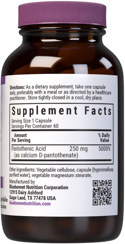 BlueBonnet Nutrition Pantothenic Acid 250 mg – Vitamin B5 Food Supplement, 60 Vegetable Capsules