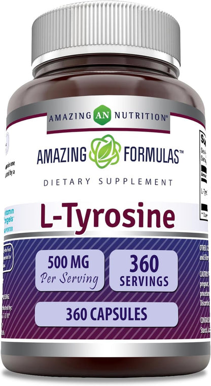 Amazing Formulae L-Tyrosine 500 mg Capsules - Amino Acid Supplement - Non-GM, Gluten-free - 3 Pack (180 Count)