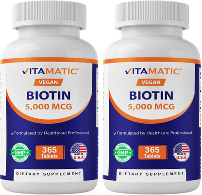 Vitamatic Biotin 5000mcg (5 mg) for Healthier Hair, Skin and Nails – 365 Vegan Tablets
