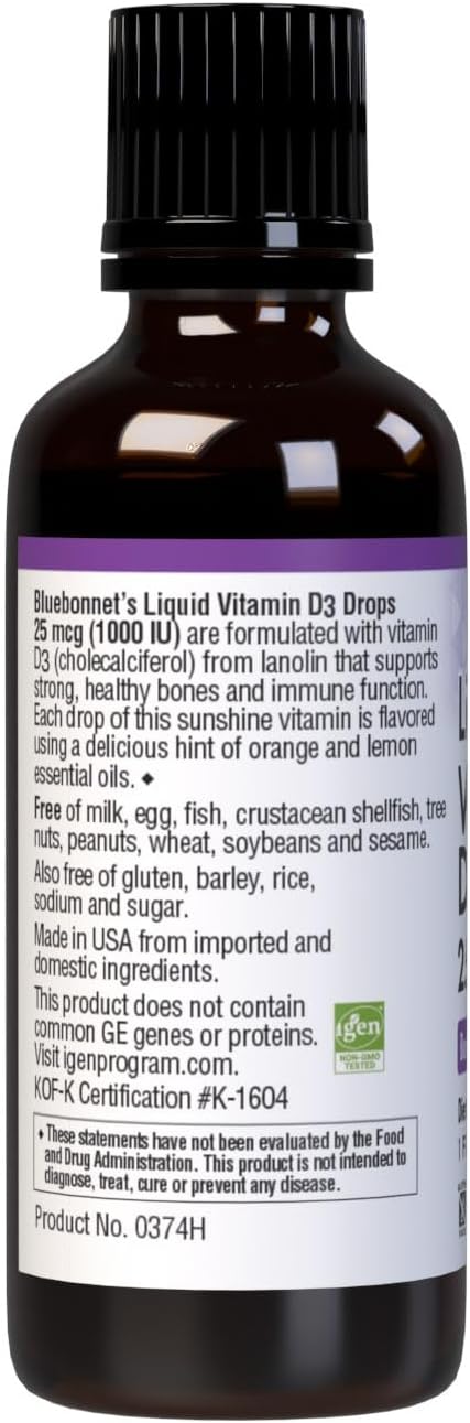 BlueBonnet Vitamin D3 1000 IU 25mcg Liquid Drops – Supports Normal Bones & Immune Function – Non-GM, Vegetarian, Citrus Flavour – 30 ml - görsel 3