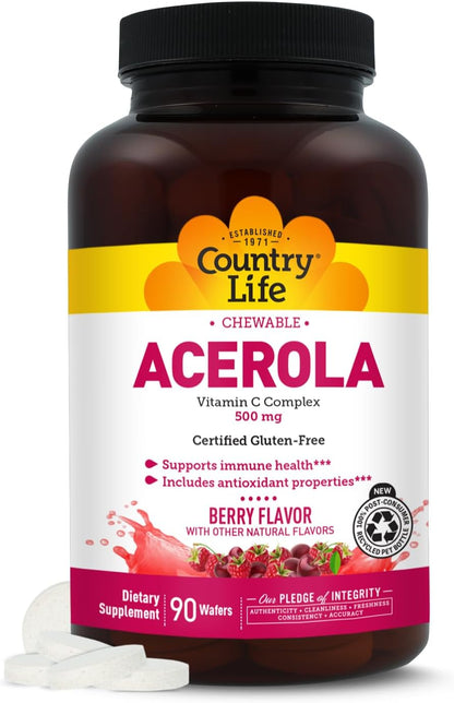 Country Life Acerola Vitamin C Complex 500mg, Berry Flavour Chewable Wafers with Citrus Bioflavonoids & Rose Hips, for Immune Health and Antioxidant Support, Gluten Free, Vegan, 90 Wafers