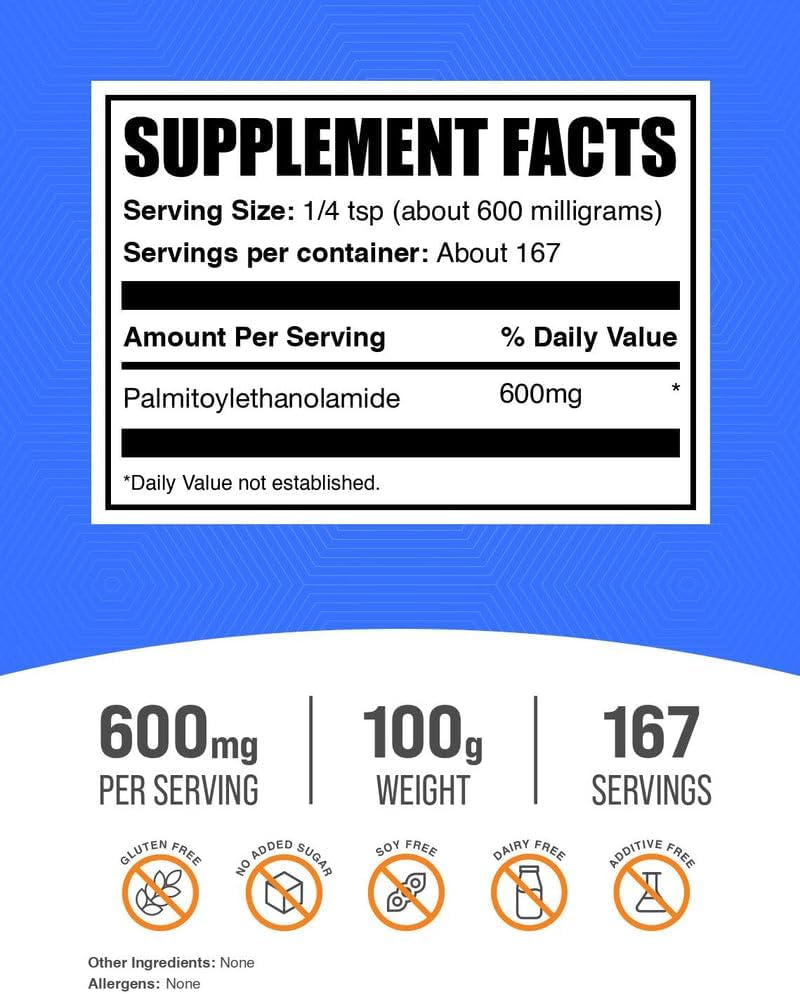 BulkSupplements.com Palmitoylethanolamide Powder - PEA Supplement for Immune Support - Gluten-free, 600mg per Serving, 100g (3.5 oz) (Pack of 1) - görsel 2