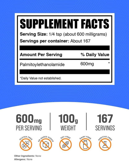 BulkSupplements.com Palmitoylethanolamide Powder - PEA Supplement for Immune Support - Gluten-free, 600mg per Serving, 100g (3.5 oz) (Pack of 1)