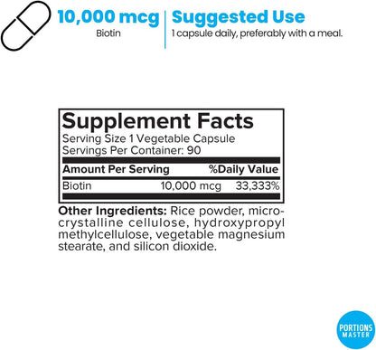 Portions Master Biotin 10000mcg, Hair, Nails and Skin - 90 Vegetarian Capsules