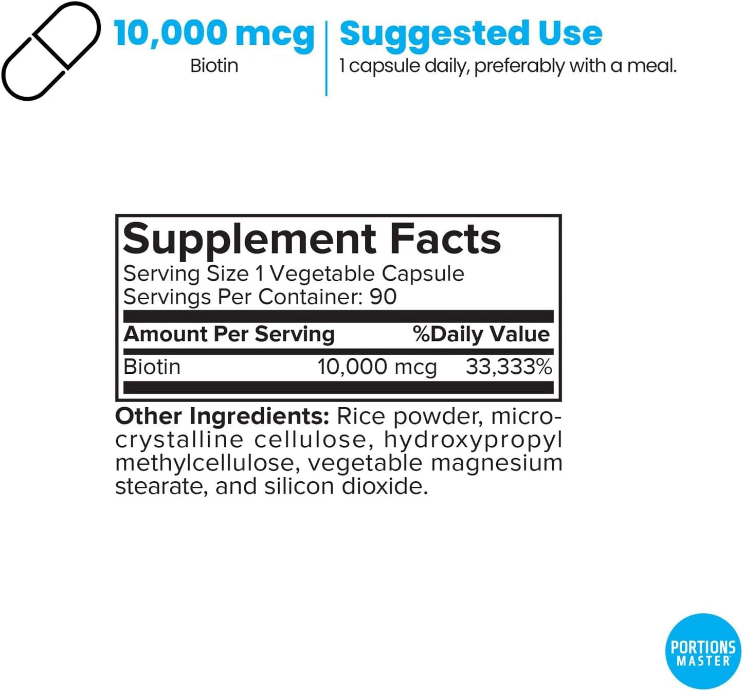 Portions Master Biotin 10000mcg, Hair, Nails and Skin (90 Veg Capsules) - görsel 2