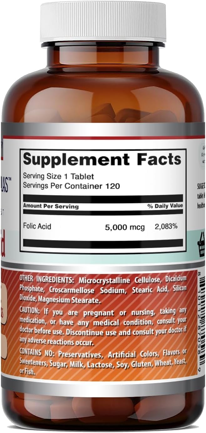 Amazing Formulae Folic Acid 5000 mcg per Serving | Tablets Supplement | Non-GMO | Gluten-Free | Made in USA (3 Pack | 120 Count) - görsel 5