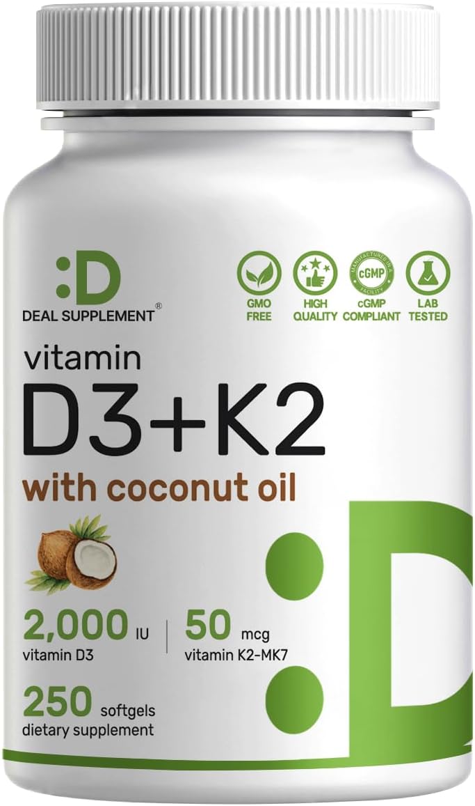 DEAL SUPPLEMENT Vitamin D3 2,000 IU + K2 MK7 50mcg Soft gel capsules with Virgin Coconut Oil - görsel 1