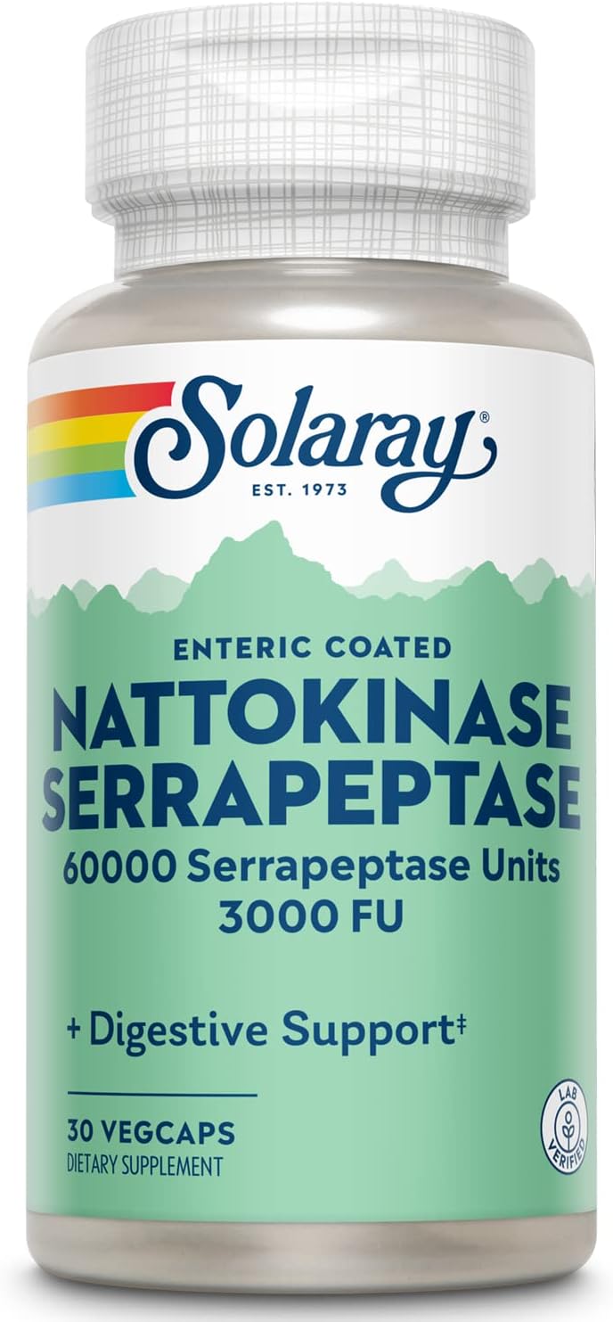 SOLARAY Nattokinase Serrapeptase Supplement - Enteric Coated - 3000 FU Nattokinase - Circulation and Sinus Support - 30 Veg Caps - görsel 1