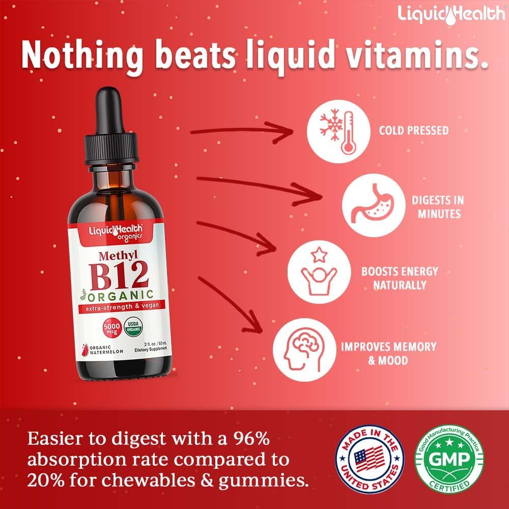 LIQUIDHEALTH USDA Organic Vitamin B12 Drops - Methylcobalamin 5000 mcg - Vegan, Non-GMO, USA-made (3 Pack) - görsel 2