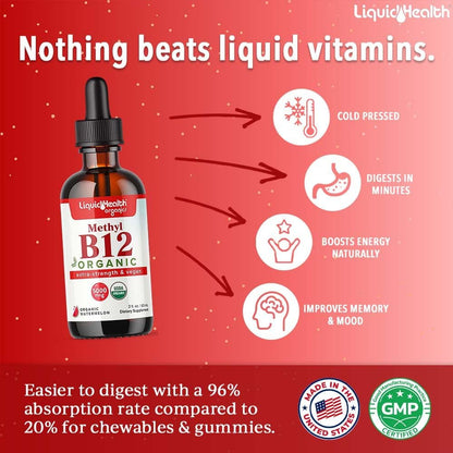 LIQUIDHEALTH Organic Vitamin B12 Liquid Drops – 5000mcg Methylcobalamin, Vegan, Non-GMO, 60 ml