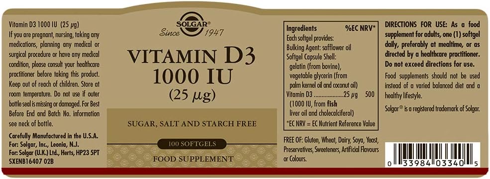 Solgar Vitamin D3 (Cholecalciferol) 1000 IU Softgels, 100 Count - görsel 2