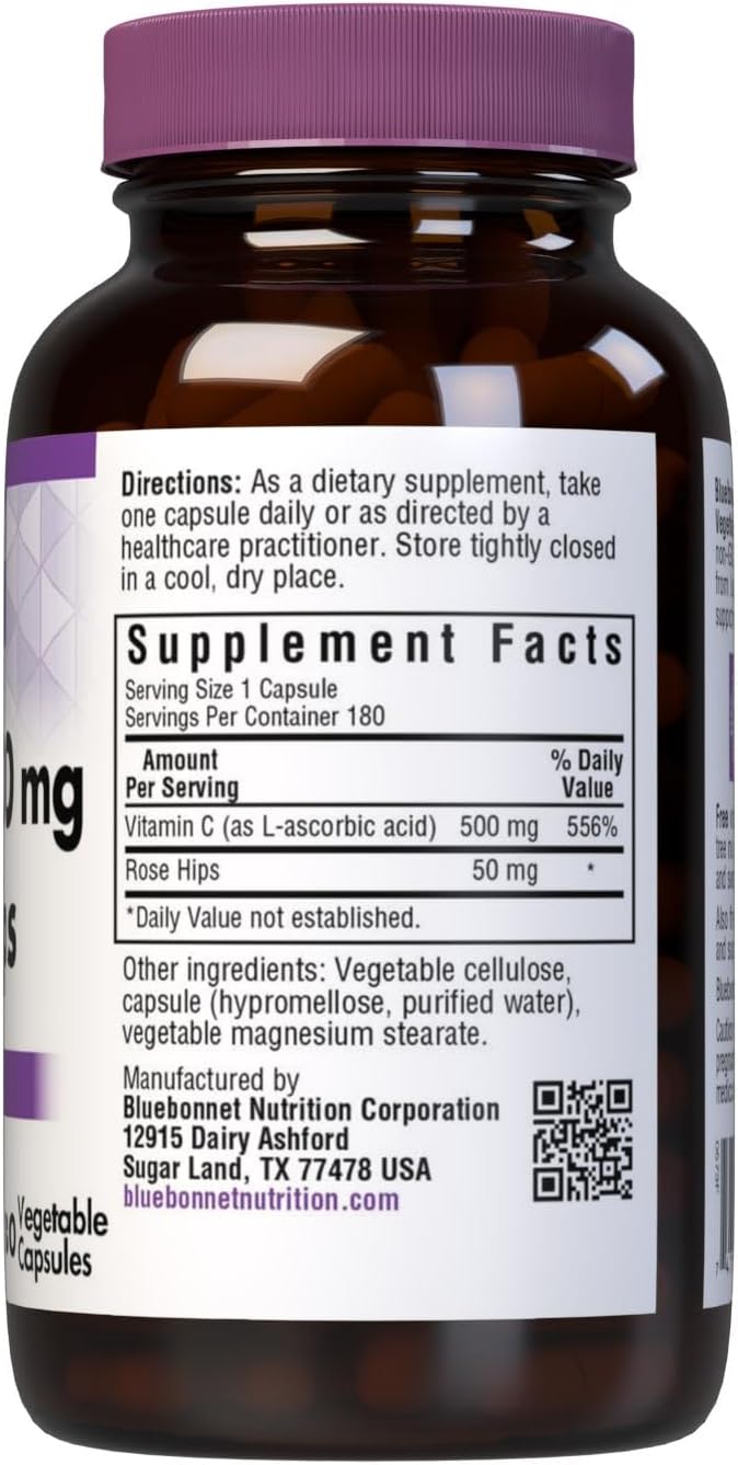 Bluebonnet Vitamin C 500 mg Plus Rosehips – 180 Vegetable Capsules - görsel 2