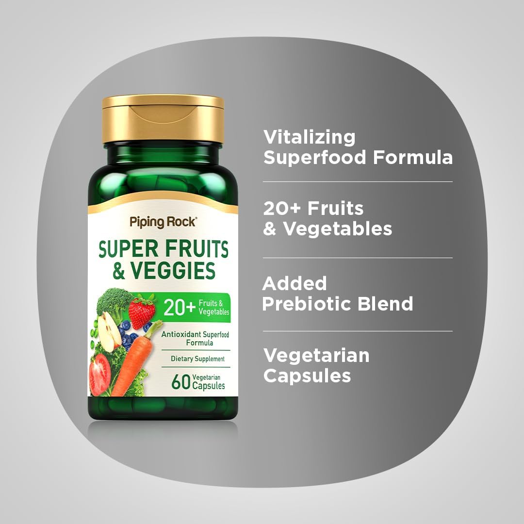 Piping Rock Fruits and Veggies Food Supplement | 60 Capsules | Superfood Vitamins | with Antioxidant Formula and Prebiotic Blend | Vegan, Non-GMO, Gluten-Free - görsel 4