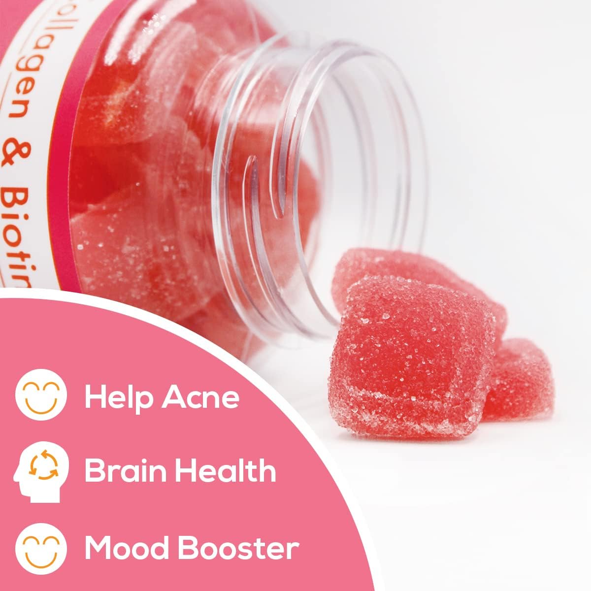 Collagen Biotin Gummies - Supports Hair, Skin & Nails, Vegan, Non-GMO, Gluten-Free, Strawberry Flavour, 60 Gummies - görsel 2