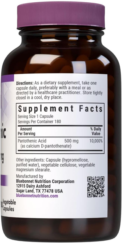 Bluebonnet Pantothenic Acid 500 mg, 180 Vegetable Capsules