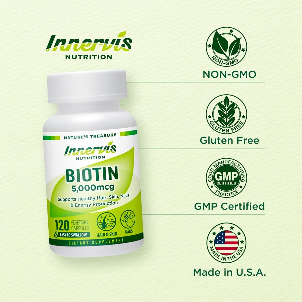 INNERVISNUTRITION High Potency Biotin 5000 mcg – Contributes to Normal Hair, Skin & Nail Health, 120 Veggie Capsules - görsel 6