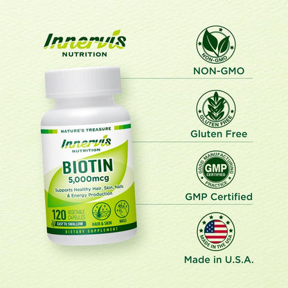 INNERVISNUTRITION High Potency Biotin 5000 mcg – Contributes to Normal Hair, Skin & Nail Health, 120 Veggie Capsules