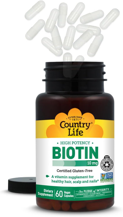Country Life Vitamins High Potency Biotin 10,000 mcg (10 mg), 60 Count - Supplement for Hair, Scalp & Nails - Certified Gluten-free