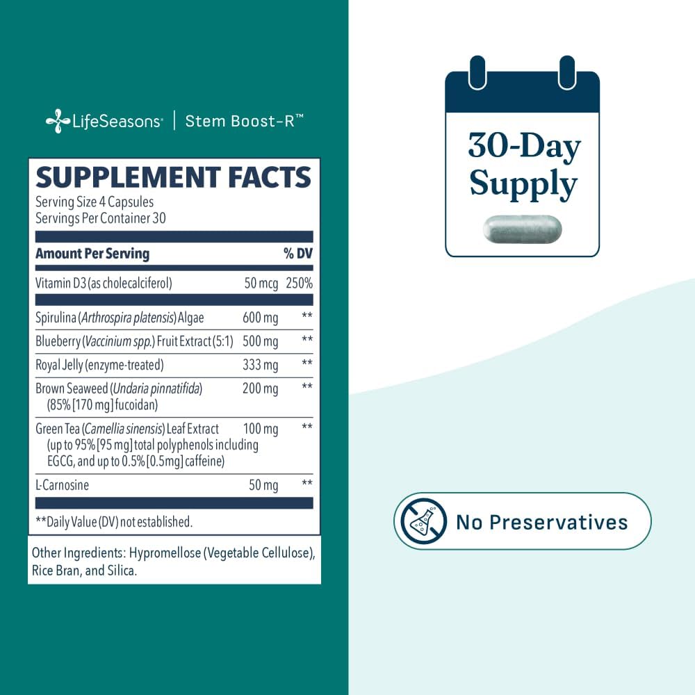 LifeSeasons Stem Boost-R - Stem Cell Support Antioxidant Supplement with Royal Jelly, Spirulina, Blueberry, Brown Seaweed & L-Carnosine - 120 Capsules - görsel 5