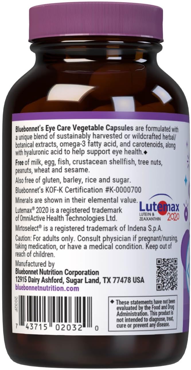Bluebonnet Nutrition Eye Care Macular & Blue, Eye Health & Blue Light Support, Vegan, Kosher certified, Gluten-free, Dairy-free, 60 Vegetable Capsules, 30 Servings - görsel 4