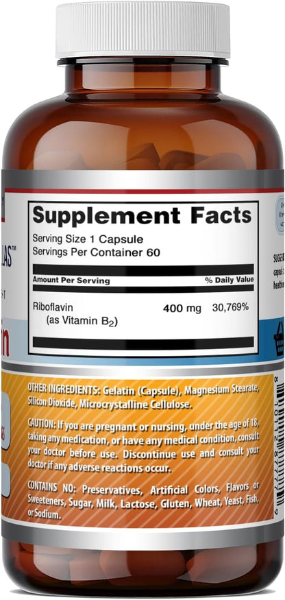 Amazing Formulae Riboflavin (Vitamin B2) Supplement | 400 mg per Serving | 60 Capsules | Non-GMO | Gluten-free | Made in the USA