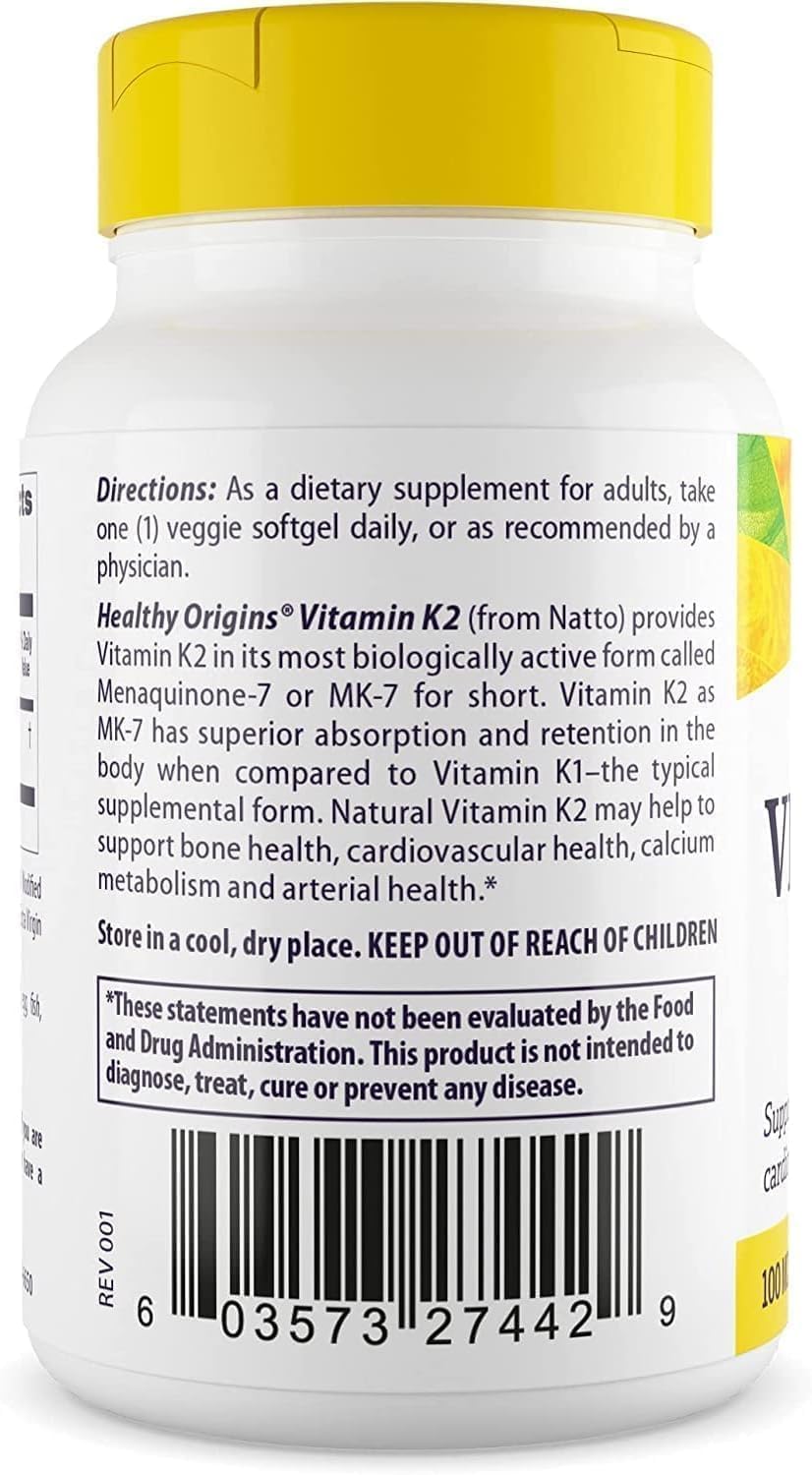 Healthy Origins Vitamin K2 100 mcg (MK-7) - Non-GMO, Gluten-Free, Supports Bone & Cardiovascular Health - 60 Veggie Capsules - görsel 3