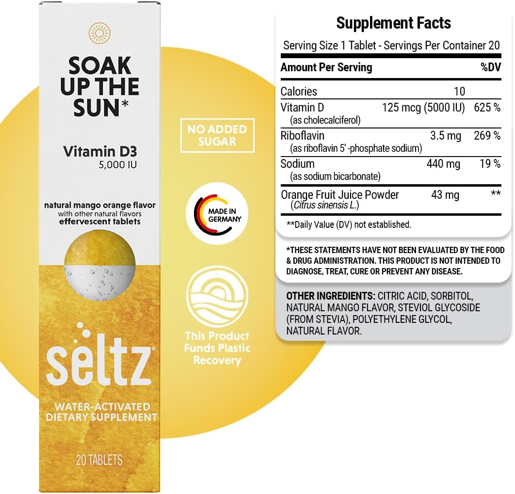 Seltz Vitamin D3 Drink Tablets - 5000 IU Effervescent, Mango & Orange, 120 Tablets - görsel 7