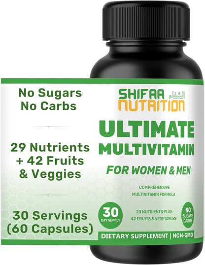 SHIFAA NUTRITION Halal Multivitamin for Women, Men & Adults – 30 Liquid Capsules with Iron, CoQ10, and 42 Fruits & Vegetables
