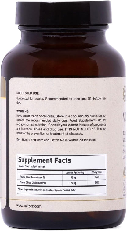 U-MORE - 1000 IU High Strength Vitamin D3 & Vitamin K2 (Menaquinone-7) - Sugar Free - Supports Bone Strength & Immune Function - 60 Soft gel capsules