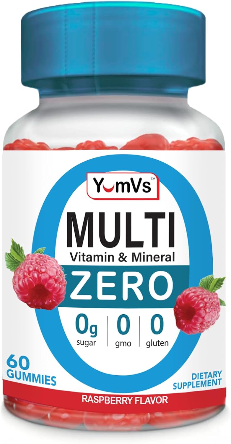 YUM-V'S Multivitamin Zero Gummies - Sugar-Free with Chromium, Thiamine and Magnesium - Natural Raspberry Flavour - 60 Count - görsel 1