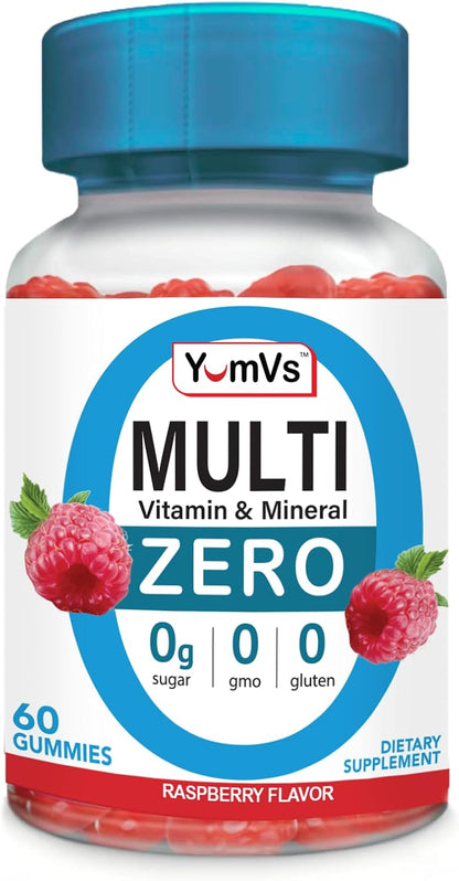 YUM-V'S Multivitamin Zero Gummies - Sugar-Free with Chromium, Thiamine and Magnesium - Natural Raspberry Flavour - 60 Count