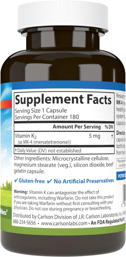 Carlson – Vitamin K2, MK-4 (Menatetrenone) – Bone & Heart Health Supplement – Soy-Free – 180 Capsules