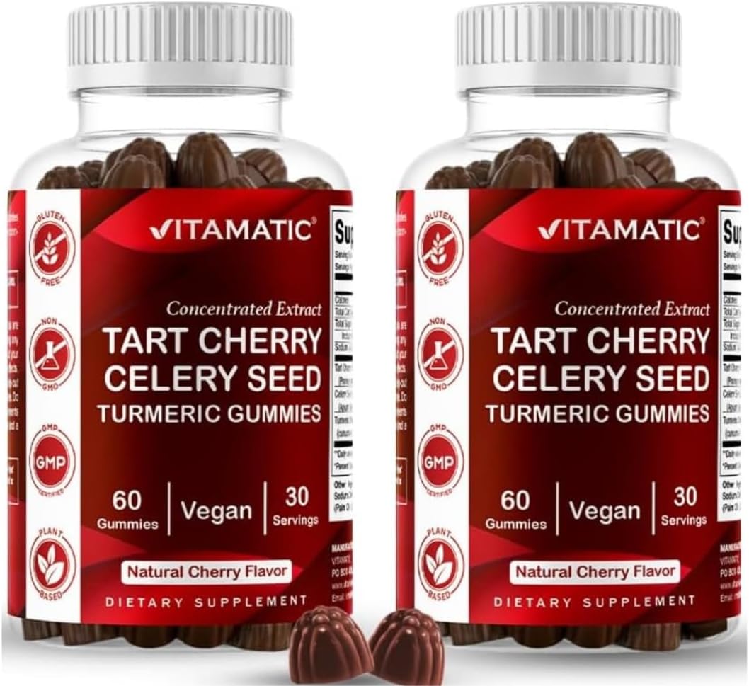 Vitamatic Tart Cherry Gummies with Celery Seed & Turmeric - 3-in-1 Formula, 60 Gummies (Pack of 2) - görsel 1
