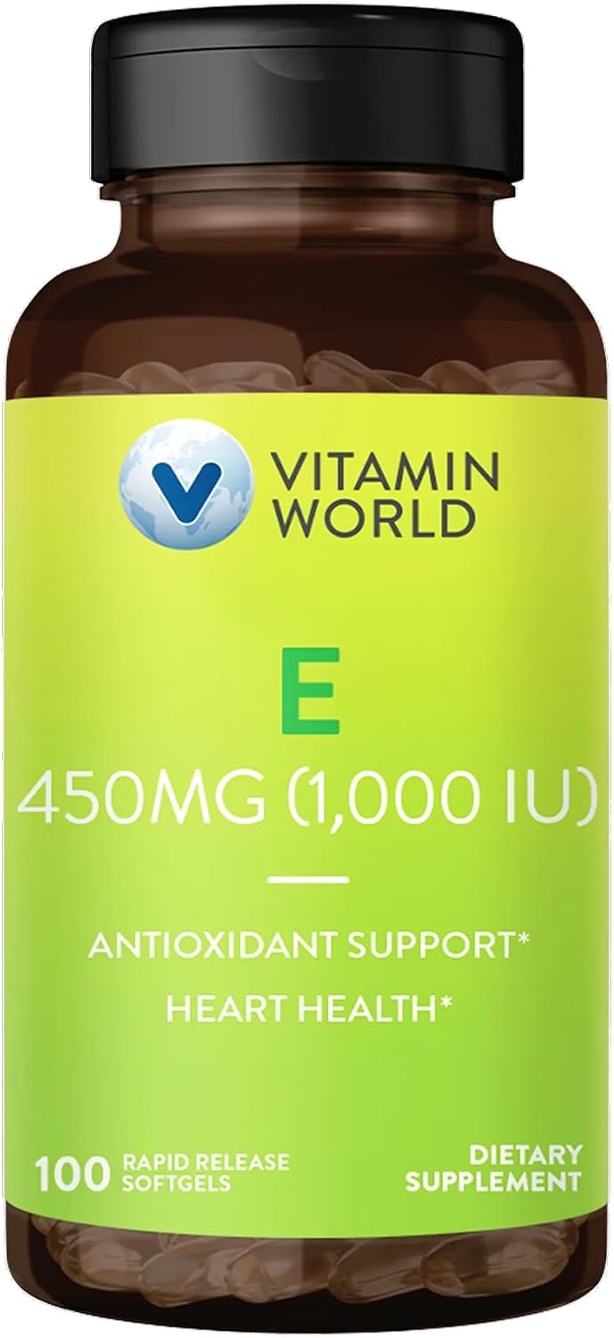 Vitamin World Vitamin E 1000 IU Softgels, 450mg dl-Alpha, 1 Soft gel capsule Daily, Supports Antioxidant Protection and Heart, Immune & Skin Health, Gluten-Free, 100 Servings - görsel 1
