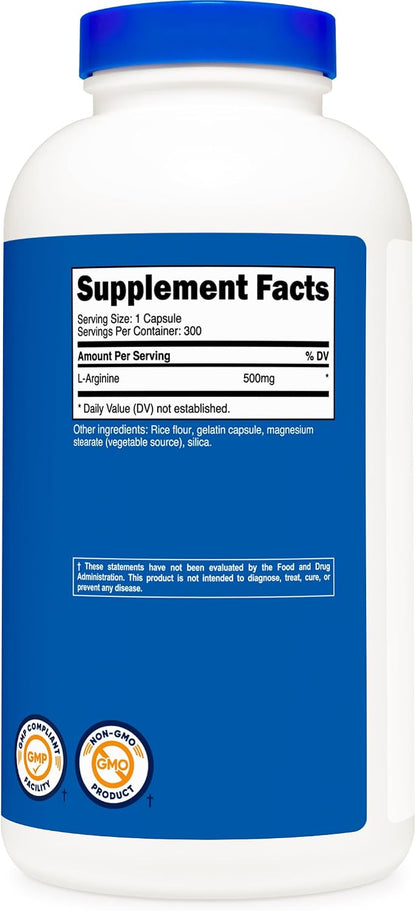 Nutricost L-Arginine 500mg, 300 Capsules - Gluten-free and Non-GM
